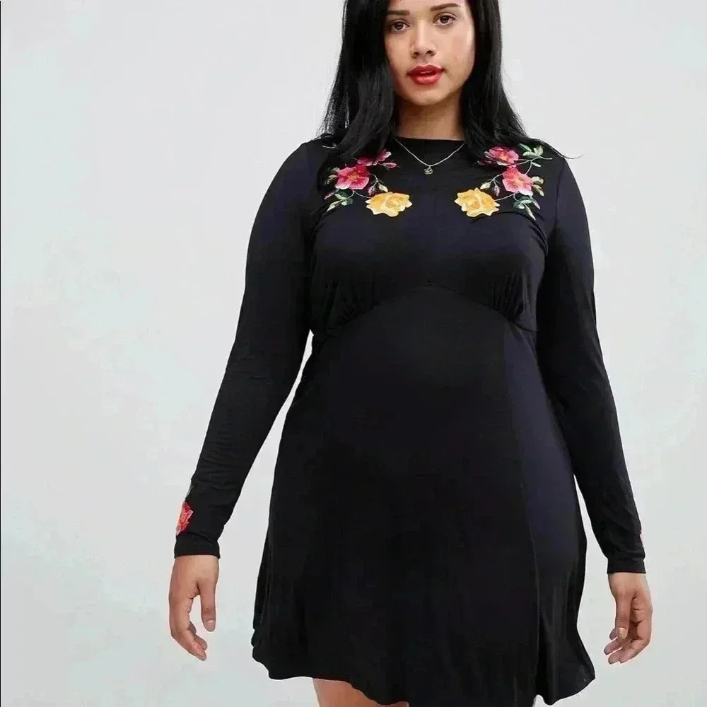 ASOS Curve Black Floral Embroidered Dress